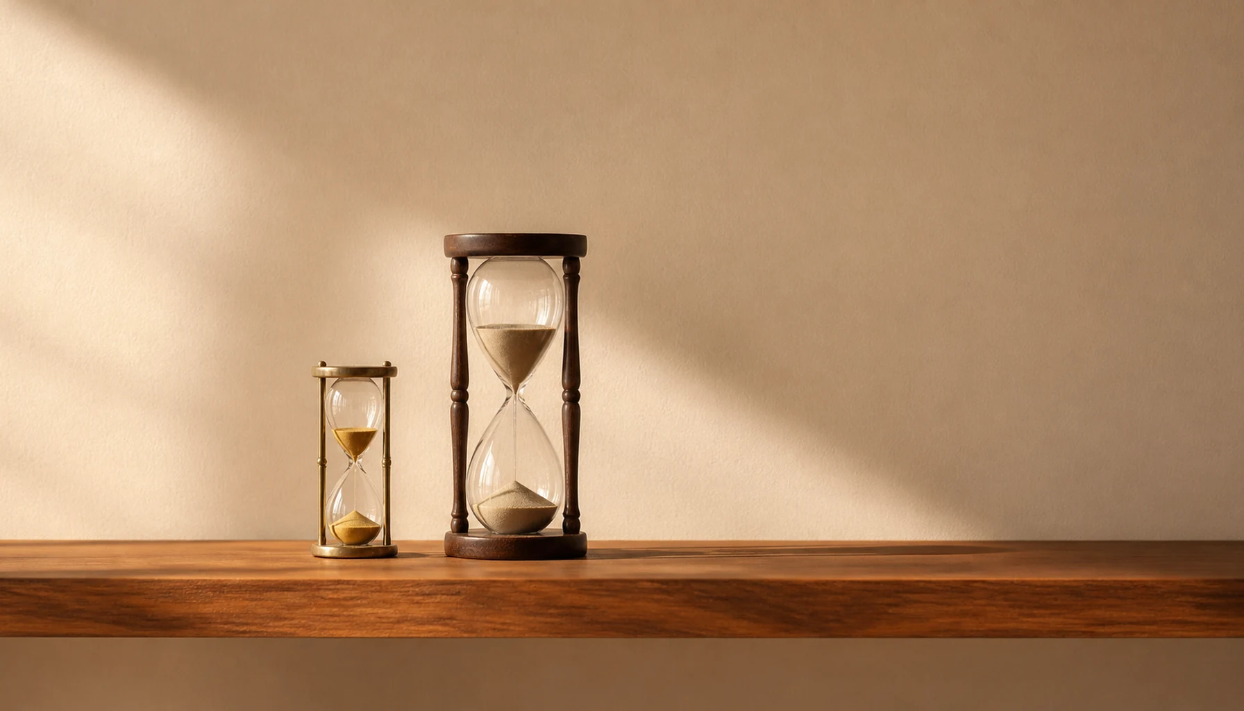Two hourglasses side by side on a wooden shelf, one small with brass frame and ochre sand, one larger in dark walnut, in soft morning light.