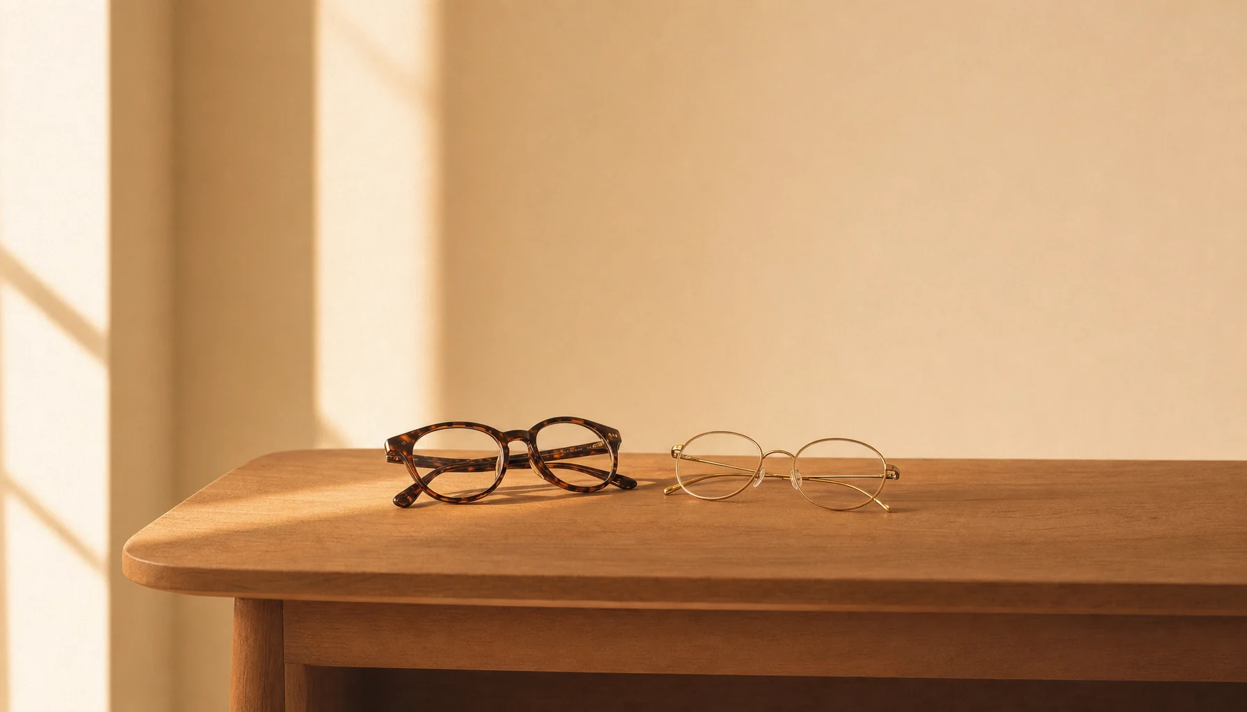 Two pairs of reading glasses folded side by side on a wooden side table, one tortoiseshell and one brass wire, in soft morning light.