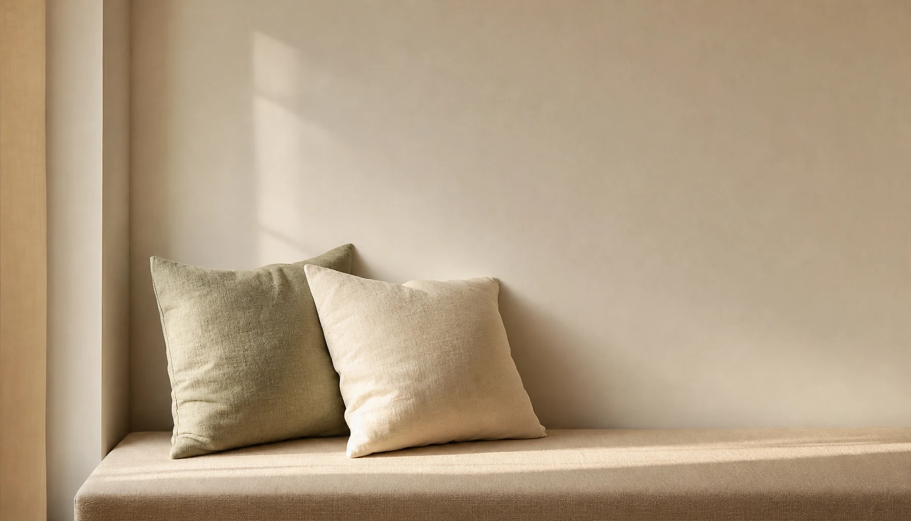Two square linen cushions resting side by side on a window bench, one sage and one cream, leaning gently together in soft afternoon light.