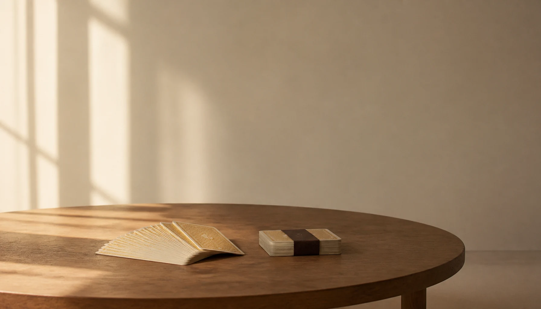 Two decks of cards side by side on a wooden coffee table, one fanned with ochre backs and one stacked in a dark brown band, in soft morning light.