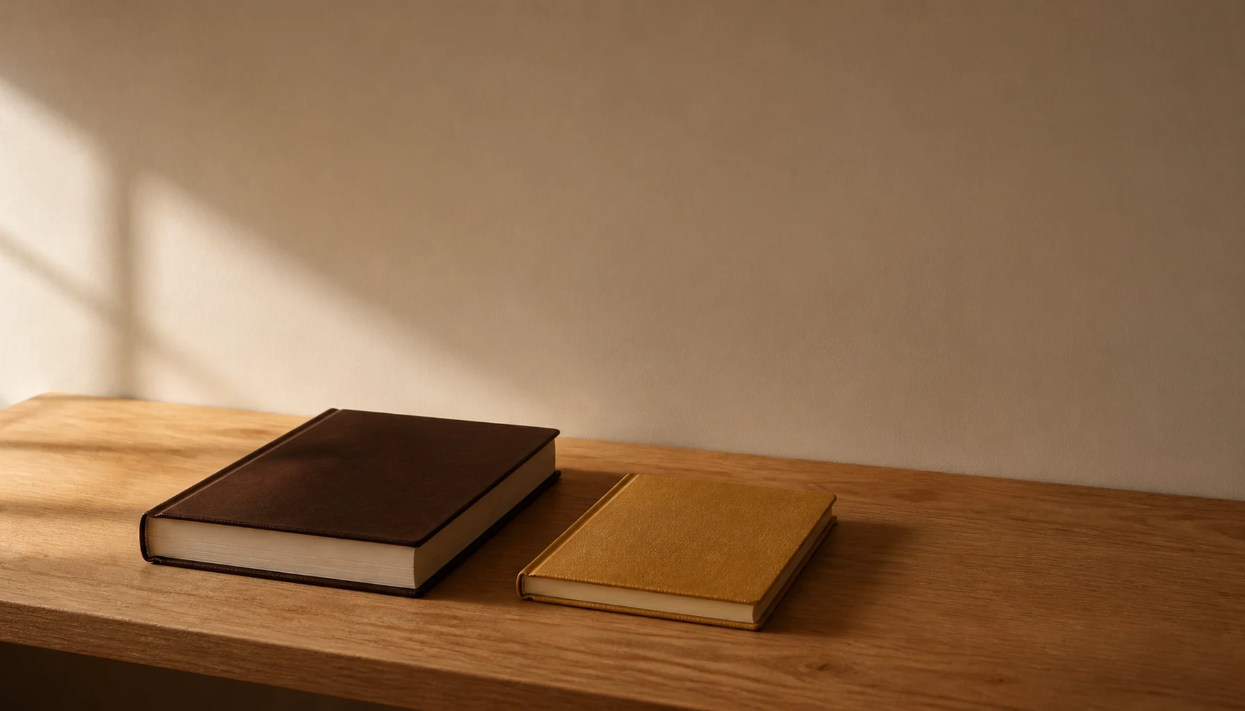 A thick dark brown hardback workbook and a slim ochre cloth notebook side by side on a wooden desk, in soft morning light.