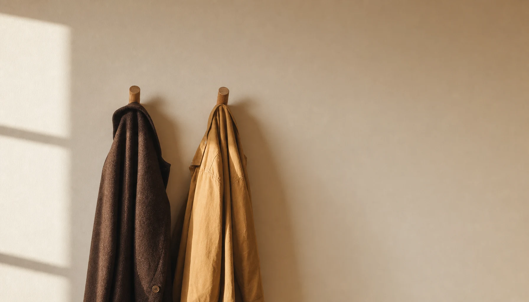 Two coats hung side by side on simple wooden pegs against a plain cream wall, one warm brown wool and one ochre cotton, in soft afternoon light.