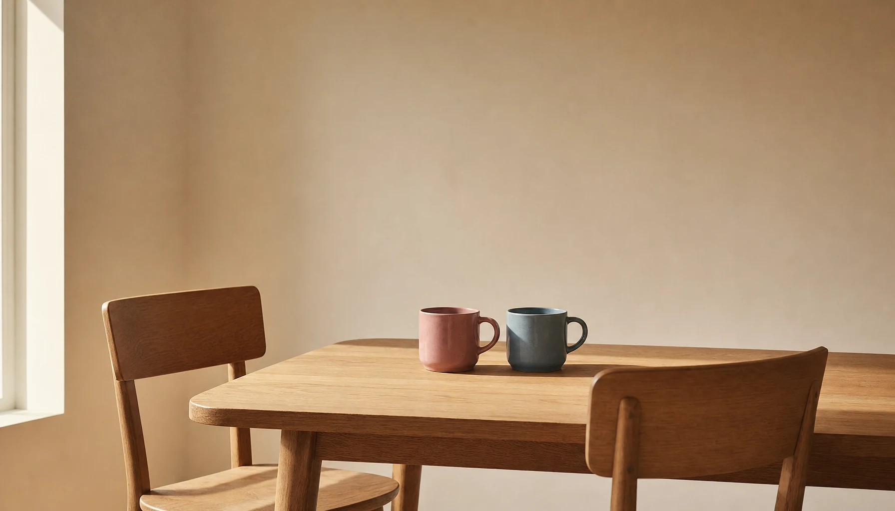 Two ceramic mugs, one dusty rose and one dusty blue, side by side on a wooden kitchen table in soft morning light, with two simple wooden chairs at the table.